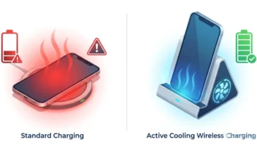 A side-by-side comparison showing a standard wireless charger causing phone overheating next to an active cooling Qi dock keeping the battery safe and cool.