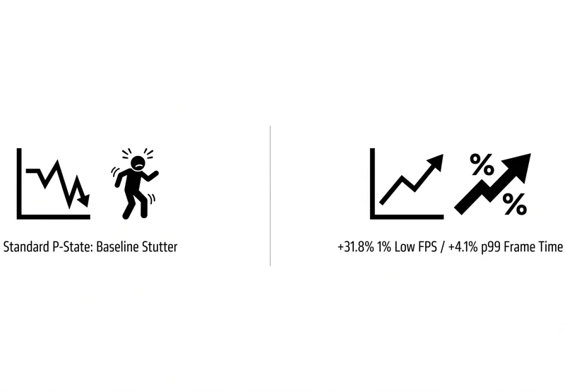Black and white infographic comparing standard P-State baseline stutter with the 31.8% improvement in 1% low FPS and 4.1% better p99 frame time after the AMD kernel patch.