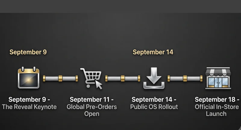 Infographic timeline detailing the September schedule for the iPhone 18 Pro, including the reveal keynote, global pre-orders, OS rollout, and official in-store launch dates.