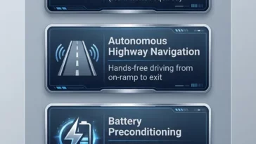 Infographic detailing the Ford and Apple self-driving technology partnership, featuring embedded Apple Maps, hands-free highway driving, EV battery preconditioning, and a $30,000 electric pickup.