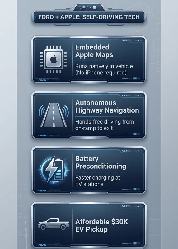 Infographic detailing the Ford and Apple self-driving technology partnership, featuring embedded Apple Maps, hands-free highway driving, EV battery preconditioning, and a $30,000 electric pickup.