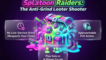 Infographic highlighting the approachable PvE features of Splatoon Raiders, including solo play, 4-player co-op, and the lack of a live-service grind.