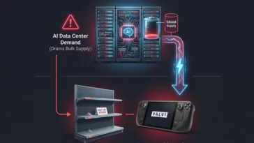 Infographic illustrating how AI data center demand causes global memory storage shortages and retail delays for gaming hardware like the Steam Machine.