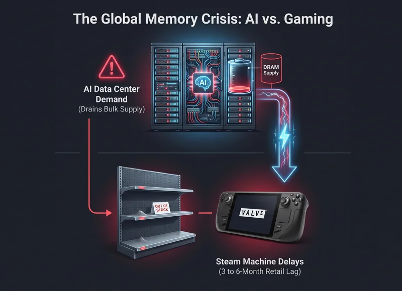 Infographic illustrating how AI data center demand causes global memory storage shortages and retail delays for gaming hardware like the Steam Machine.