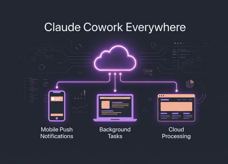 Infographic illustrating the new Claude Cowork cloud ecosystem, connecting mobile, desktop, and web platforms with background tasks and push notifications.