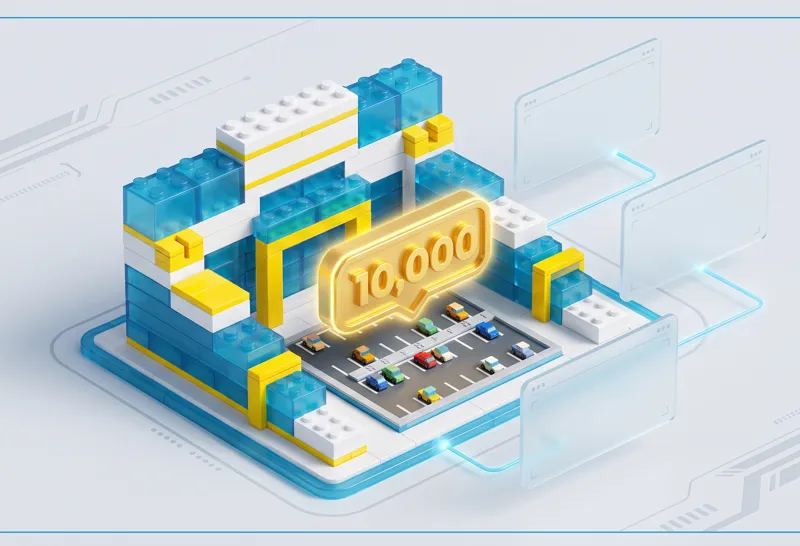 A 3D infographic render showing a LEGO brick parking lot and a 10,000 votes milestone badge, representing the review status of the iMac G3 set.