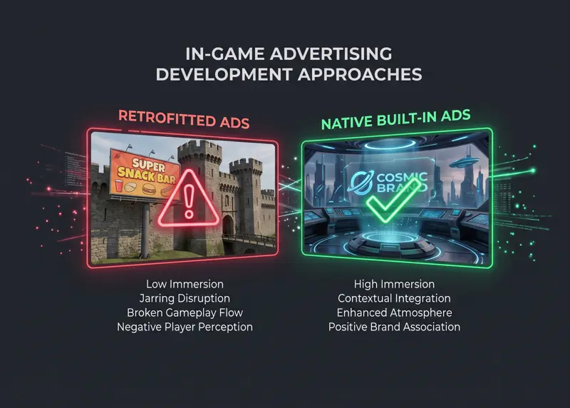 Infographic comparing the low immersion of retrofitted in-game ads with the high immersion of native built-in brand placements designed early in video game development