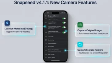 Infographic showing new features in Snapseed v4.1.1 including location metadata geotagging, saving original base photos, and custom storage folders.