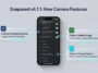 Infographic showing new features in Snapseed v4.1.1 including location metadata geotagging, saving original base photos, and custom storage folders.