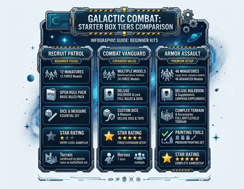 A detailed sci-fi infographic comparing the contents of the new Warhammer 40,000 starter sets, showing the exact miniature counts, painting tools, and rulebooks included in the Starter Set, Introductory Set, and Paint bundles.