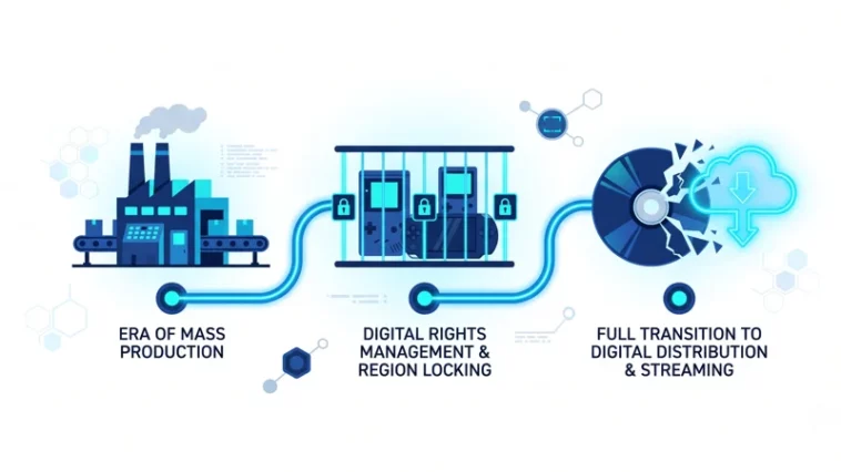 A timeline infographic showing Sony's transition to an all-digital future, highlighting the PlayStation Store closures in July 2027 and the end of physical disc production in January 2028.