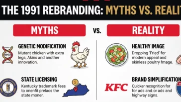 An infographic comparing the popular mutant chicken and trademark myths to the reality of the KFC 1991 rebranding and its fast food marketing strategy.