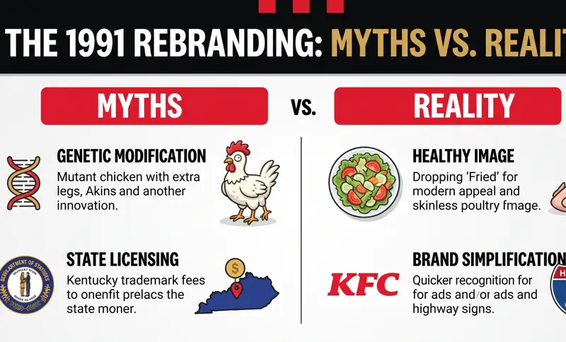 An infographic comparing the popular mutant chicken and trademark myths to the reality of the KFC 1991 rebranding and its fast food marketing strategy.