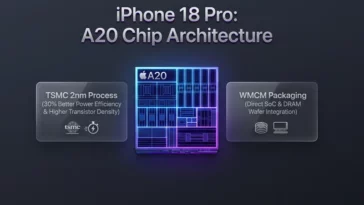 Infographic illustrating the two major upgrades of the Apple A20 Pro chip, featuring the TSMC 2nm process and WMCM packaging.