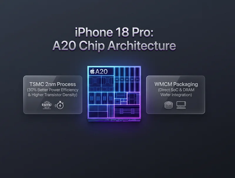 Infographic illustrating the two major upgrades of the Apple A20 Pro chip, featuring the TSMC 2nm process and WMCM packaging.