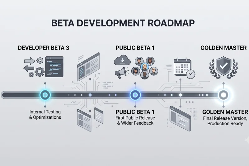 A clean tech infographic timeline showing the progression of iOS 27 from Developer Beta 3 through the Public Beta phase to the final Golden Master build.