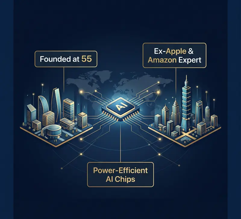 Infographic showing the journey of a 55-year-old former Apple and Amazon engineer moving to Taiwan to found Tranxform AI.