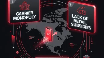A tech infographic detailing the reasons behind the OnePlus departure from the US, showing data points for carrier monopolies and lack of retail subsidies.
