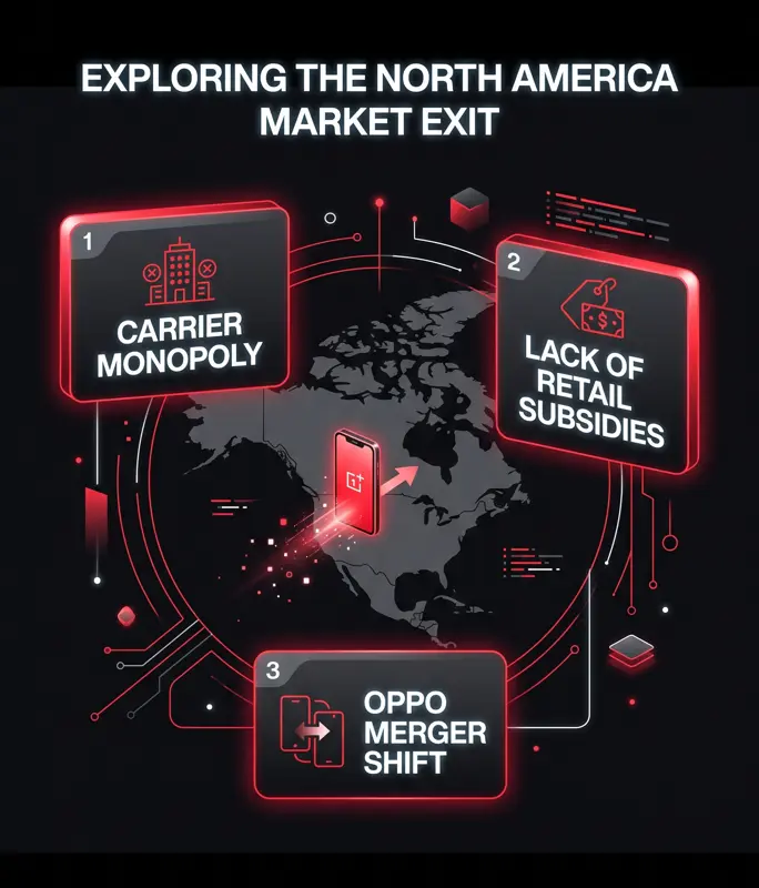 A tech infographic detailing the reasons behind the OnePlus departure from the US, showing data points for carrier monopolies and lack of retail subsidies.