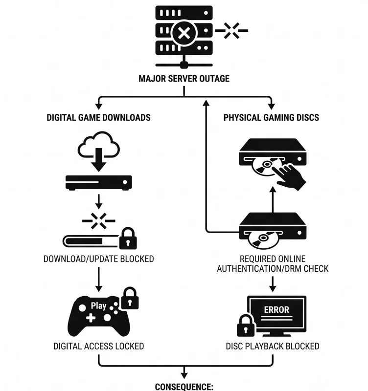 A black and white infographic illustrating how a major Xbox server outage blocks account authentication, locking players out of both their digital game libraries and physical discs due to online check-in requirements.