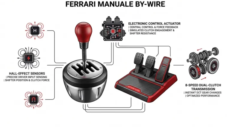 An infographic explaining the Ferrari 12Cilindri's Manuale By-Wire system, showing the electronic clutch pedal and classic metal gated shifter connected to an 8-speed dual-clutch transmission.