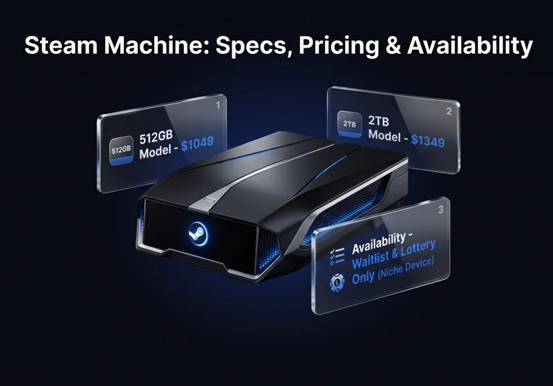 Infographic breaking down Valve Steam Machine pricing for 512GB and 2TB models alongside waitlist and lottery availability details.