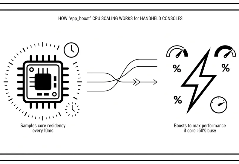 Black and white infographic explaining the epp_boost mechanism, showing how it samples core residency every 10 milliseconds and boosts to maximum performance if the core is over 50 percent busy.