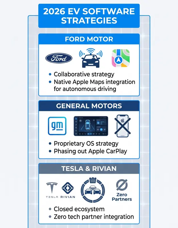 Comparison infographic contrasting Ford's collaborative Apple software strategy with General Motors' proprietary OS and Tesla's closed vertical integration model in 2026.