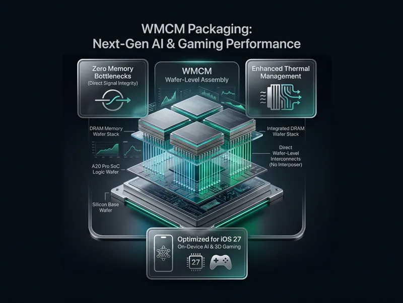 Technical exploded view of the A20 Pro chip showing Wafer-Level Multi-Chip Module (WMCM) technology integrating the SoC and DRAM.