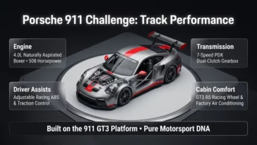 An infographic detailing the performance specifications of the Porsche 911 Challenge race car, featuring the 508-horsepower 4.0-liter boxer engine, 7-speed PDK transmission, and adjustable racing driver assists.