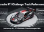 An infographic detailing the performance specifications of the Porsche 911 Challenge race car, featuring the 508-horsepower 4.0-liter boxer engine, 7-speed PDK transmission, and adjustable racing driver assists.