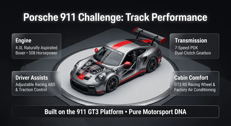 An infographic detailing the performance specifications of the Porsche 911 Challenge race car, featuring the 508-horsepower 4.0-liter boxer engine, 7-speed PDK transmission, and adjustable racing driver assists.