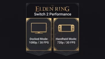 Infographic comparing the technical performance of Elden Ring on the Nintendo Switch 2, showing 1080p resolution in docked mode and 720p resolution in handheld mode, both maintaining a stable 30 FPS.