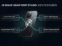 Infographic detailing the key features of the OhSnap Snap Grip Stand, including its 3.7mm ultra-thin design, double-sided magnets, anodized metal finish, and wireless charging compatibility.
