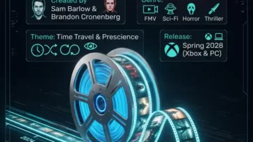 Infographic detailing the reveal of PRECOGNITION, an FMV sci-fi horror game by Sam Barlow and Brandon Cronenberg launching in Spring 2028.