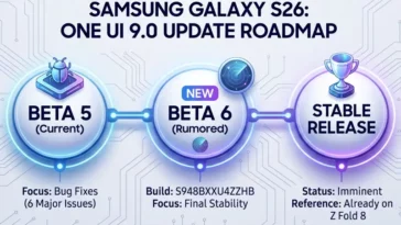Infographic showing the timeline of the Samsung Galaxy S26 One UI 9 update, highlighting the rumored 6th beta release and the upcoming stable rollout.