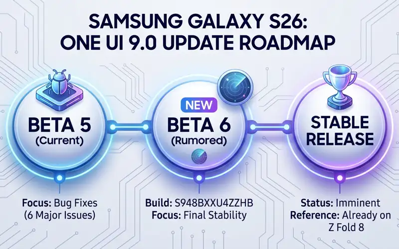 Infographic showing the timeline of the Samsung Galaxy S26 One UI 9 update, highlighting the rumored 6th beta release and the upcoming stable rollout.