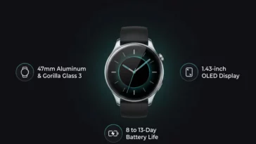 An infographic highlighting the premium hardware features of the Motorola Moto Watch 2026, including its 47mm aluminum case, 1.43-inch OLED display, and extended 13-day battery life.
