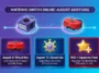 Infographic showing the August 2026 release schedule for the Nintendo Switch Online Expansion Pack, featuring Virtual Boy games and Super Mario Sunshine.