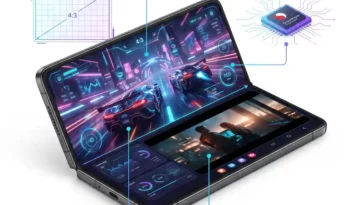 Infographic showing the Samsung Galaxy Z Fold 8's 4:3 inner display aspect ratio, highlighting its benefits for immersive mobile gaming and media viewing with minimal letterboxing.