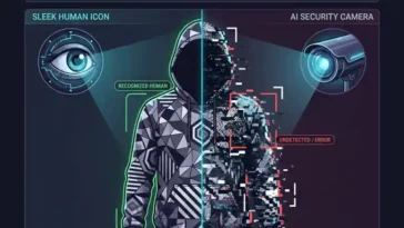 Infographic illustrating how adversarial clothing patterns trick AI surveillance cameras by scrambling detection algorithms while remaining visible to the human eye.