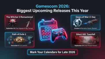 An infographic timeline showcasing the top 2026 game releases announced at Gamescom, including The Witcher 3 Remastered, Gears of War E-Day, Path of Exile 2, and Silent Hill Townfall.