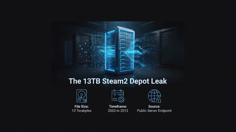 Infographic detailing the scale of the Steam2 depot leak, highlighting the 13 terabyte file size, the 2003 to 2013 timeframe, and its origin from a public server endpoint.