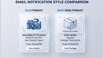 A side-by-side comparison showing an old Amazon order email with specific product details and a new 2026 email showing only vague product categories like "Electronics Item."