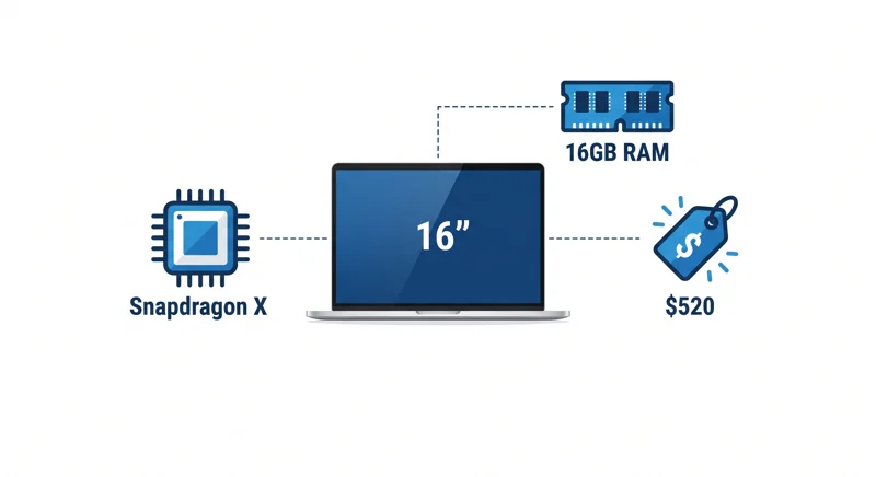 Infographic showing the core specifications of the HP OmniBook 3 16 Snapdragon laptop, including 16GB RAM, a 512GB SSD, and a $520 price tag.