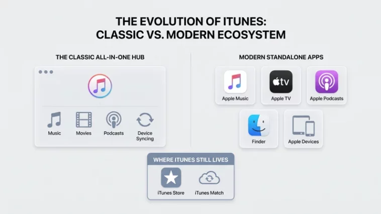 Infographic explaining does apple support itnues by comparing the classic all-in-one iTunes software to modern apps like Apple Music, TV, Finder, and iTunes Match.