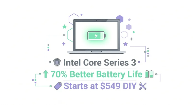 Infographic showing the newly updated Framework Laptop 12 featuring Intel Core Series 3 processors, a 70 percent better battery life, and a $549 DIY starting price.