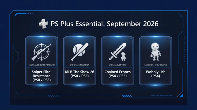 Infographic listing the PlayStation Plus Essential September 2026 lineup featuring Sniper Elite Resistance, MLB The Show 26, Chained Echoes, and Wobbly Life.