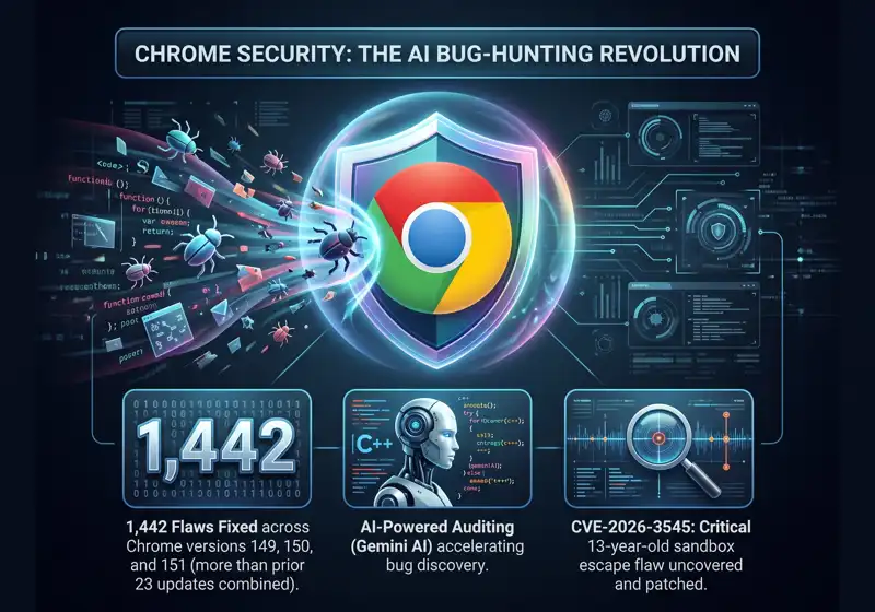 Infographic showing Google Chrome's security milestone, fixing 1,442 flaws discovered by AI, including a critical 13-year-old vulnerability.