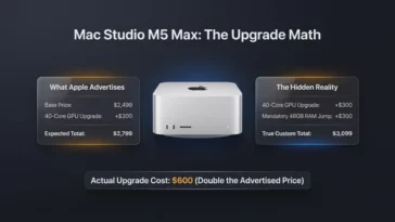 An infographic detailing the hidden pricing structure of the M5 Max Mac Studio, showing how the advertised $300 40-core GPU upgrade automatically triggers a mandatory $300 48GB memory upgrade, doubling the total extra cost to $600.